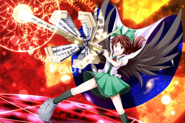 Anime picture 1345x900 with touhou reiuji utsuho tri (pixiv) brown hair brown eyes starry sky print arm cannon girl bow wings gun