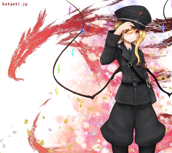 Anime picture 1500x1338 with touhou flandre scarlet hachachi single short hair blonde hair red eyes ponytail one eye closed wink side ponytail multicolored nazi girl uniform wings belt military uniform peaked cap crystal