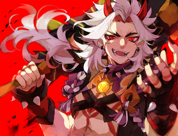 Anime picture 1200x920 with genshin impact arataki itto naruka (ynarukay) single long hair open mouth simple background red eyes upper body white hair nail polish :d horn (horns) tattoo eyebrows red background black nail polish boy weapon earrings