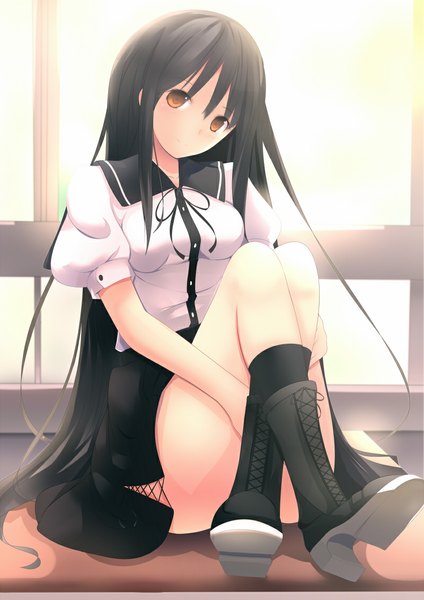 Anime picture 800x1131 with original daiaru single long hair tall image looking at viewer black hair red eyes sitting crossed legs girl dress socks boots black socks