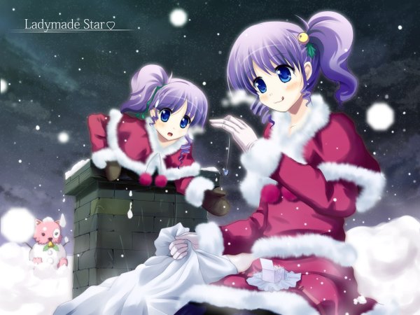 Anime picture 1280x960 with dj max portable ladymade star seha klatt kazumasa blue eyes purple hair christmas snow siblings twins