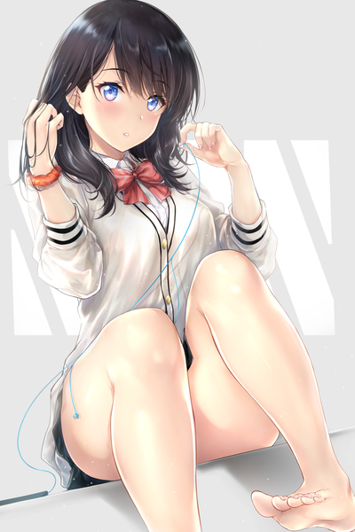 Anime picture 4000x6000 with gridman universe ssss.gridman studio trigger takarada rikka rei kun single long hair tall image looking at viewer blush fringe highres breasts blue eyes light erotic black hair simple background hair between eyes holding absurdres