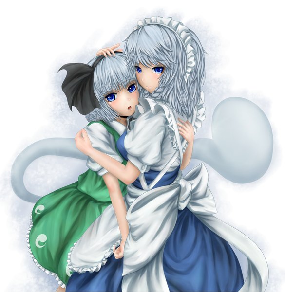 Anime picture 1064x1092 with touhou izayoi sakuya konpaku youmu myon miyako ji tall image short hair open mouth blue eyes simple background white background multiple girls silver hair braid (braids) maid hug girl skirt 2 girls headdress