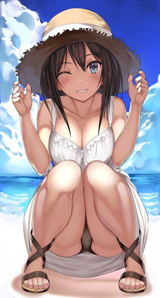 Anime picture 485x900 with original tsubasa (kureha) kureha (ironika) single long hair tall image looking at viewer blush fringe breasts blue eyes light erotic smile hair between eyes payot sky cleavage cloud (clouds) full body outdoors