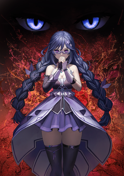 Anime picture 1191x1684 with original sion (9117) single long hair tall image looking at viewer fringe breasts hair between eyes standing purple eyes bare shoulders payot cleavage purple hair braid (braids) pleated skirt hair flower arms up zettai ryouiki