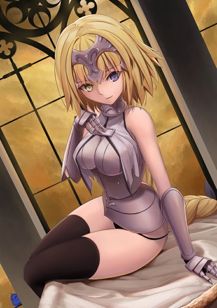 Anime picture 744x1052 with fate (series) fate/grand order fate/apocrypha type-moon jeanne d'arc (fate) (all) jeanne d'arc (fate) tsuki suigetsu single tall image looking at viewer short hair breasts light erotic blonde hair bare shoulders heterochromia girl thighhighs hair ornament underwear