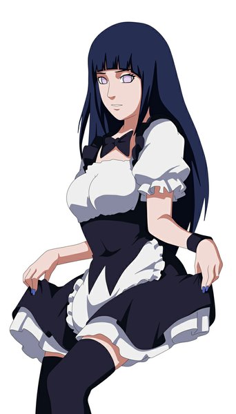 Anime picture 570x1000 with naruto studio pierrot naruto (series) hyuuga hinata kraddy07 single long hair tall image looking at viewer simple background white background purple eyes blue hair nail polish maid girl thighhighs black thighhighs