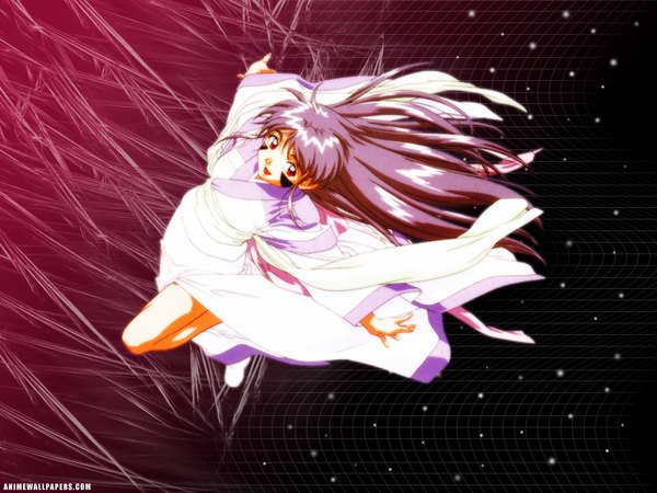 Anime picture 1024x768 with tenchi muyou! anime international company masaki achika single long hair open mouth red eyes looking away purple hair traditional clothes from above wallpaper facial mark spread arms flying girl