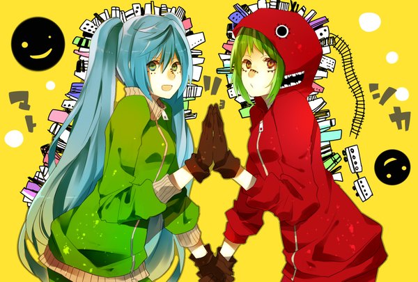 Anime picture 1748x1181 with vocaloid matryoshka (vocaloid) hatsune miku gumi yunomachi long hair highres short hair open mouth smile multiple girls green hair aqua hair holding hands yellow background multicolored eyes face paint girl gloves 2 girls