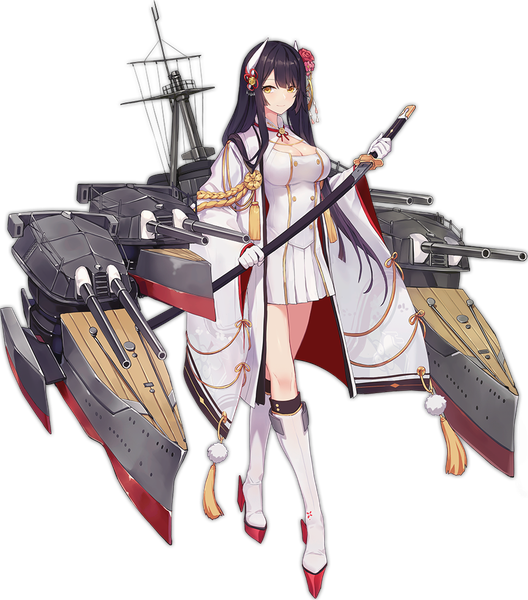 イラスト 902x1024 と アズールレーン 比叡(アズールレーン) criin ソロ 長髪 長身像 カメラ目線 前髪 黒髪 黄色眼 全身 long sleeves traditional clothes 和服 hair flower 角 仕事絵 transparent background 女の子 ドレス