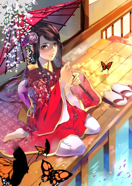 Anime picture 1024x1442 with aiki-ame single long hair tall image looking at viewer brown hair sitting brown eyes japanese clothes hair flower no shoes girl hair ornament petals water kimono insect butterfly umbrella