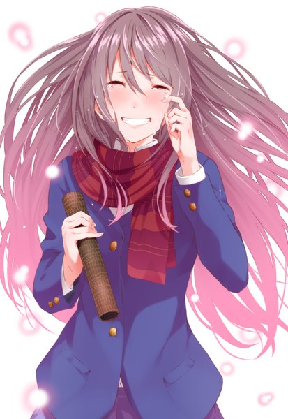 Anime picture 1461x2122 with original keidai single long hair tall image blush smile white background eyes closed grey hair tears girl uniform school uniform scarf