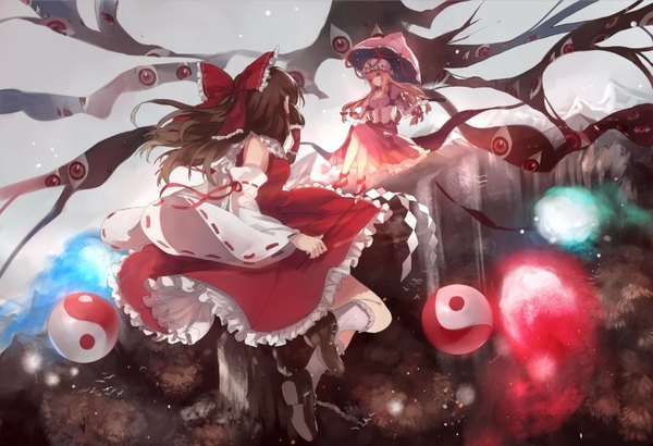 Anime picture 835x571 with touhou hakurei reimu yakumo yukari ran (pixiv2957827) long hair fringe breasts blonde hair brown hair multiple girls holding bent knee (knees) traditional clothes japanese clothes from behind wide sleeves crossed legs back miko yin yang