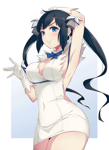 Anime picture 1000x1375 with dungeon ni deai wo motomeru no wa machigatteiru darou ka j.c. staff hestia (danmachi) 40hara single long hair tall image looking at viewer blush breasts blue eyes light erotic black hair smile large breasts twintails cleavage arm up armpit (armpits) gradient background