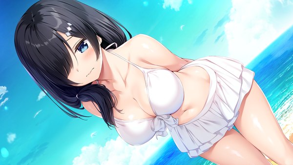Anime picture 1920x1080 with aibeya misora saku oryou single long hair looking at viewer blush fringe highres breasts blue eyes light erotic black hair wide image large breasts standing sky cleavage cloud (clouds) outdoors