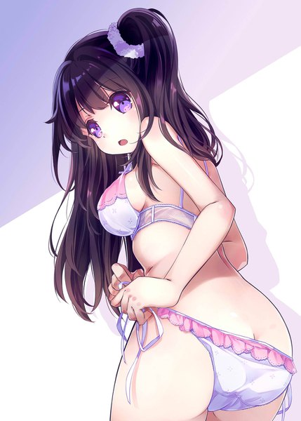 Anime picture 1255x1754 with original 54hao single long hair tall image looking at viewer blush fringe breasts open mouth light erotic simple background hair between eyes brown hair standing purple eyes payot ass looking back from behind