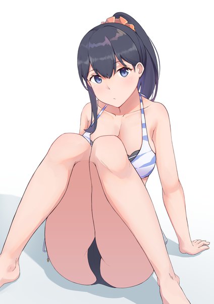 Anime picture 1169x1653 with gridman universe ssss.gridman studio trigger takarada rikka kusubii single long hair tall image looking at viewer blush fringe breasts blue eyes light erotic black hair simple background hair between eyes white background sitting bare shoulders
