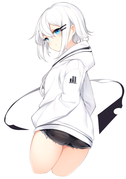 Anime picture 848x1200 with original ringo-chan (otokuyou) otokuyou single tall image looking at viewer short hair blue eyes light erotic simple background white background payot white hair looking back from behind thighs turning head hands in pockets girl shorts