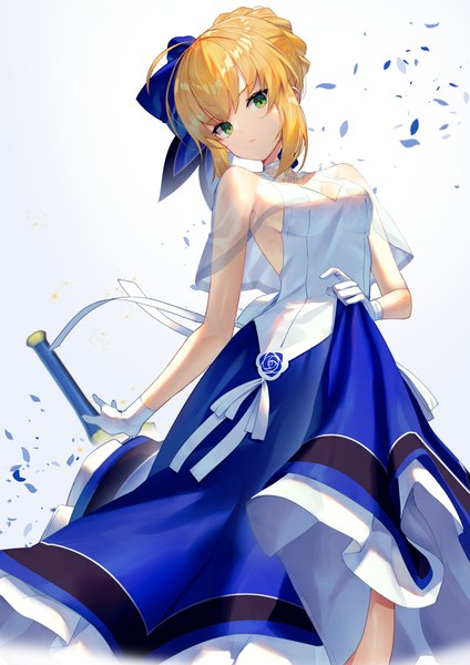 Anime picture 2171x3070 with fate (series) fate/stay night artoria pendragon (all) saber scottie (phantom2) single tall image fringe highres short hair breasts simple background blonde hair standing white background green eyes payot ahoge head tilt hair bun (hair buns)