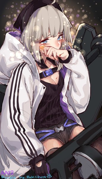 Anime picture 2031x3542 with girls frontline aa-12 (girls frontline) cyta celest single tall image looking at viewer blush fringe highres short hair blue eyes holding cleavage ahoge blunt bangs long sleeves grey hair open jacket covered mouth girl