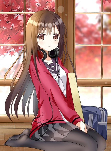 Anime picture 1400x1900 with senryuu shoujo yukishiro nanako ryoutan single long hair tall image looking at viewer blush fringe smile brown hair sitting holding brown eyes full body indoors pleated skirt blurry open clothes no shoes