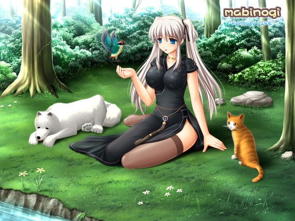 Anime picture 1600x1200 with mabinogi nao (mabinogi) kafu highres breasts blue eyes light erotic twintails river nature thighhighs flower (flowers) animal tree (trees) bird (birds) cat forest dog