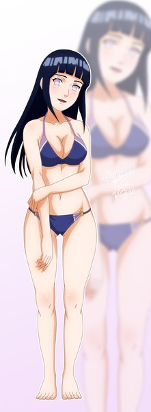 Anime picture 1105x3000 with naruto studio pierrot naruto (series) hyuuga hinata shugo19 single long hair tall image looking at viewer fringe breasts open mouth light erotic black hair large breasts purple eyes signed cleavage full body blunt bangs