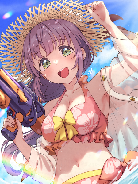 Anime picture 1875x2500 with link! like! love live! sunrise (studio) love live! otomune kozue kyaku tasu single long hair tall image looking at viewer blush fringe highres breasts open mouth light erotic smile large breasts green eyes sky purple hair