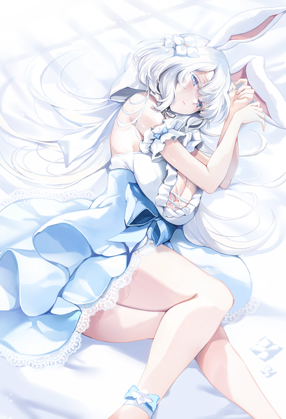 Anime picture 1300x1905 with original zerocat single long hair tall image blush fringe breasts blue eyes light erotic large breasts animal ears looking away cleavage bent knee (knees) white hair lying hair flower bunny ears symbol-shaped pupils