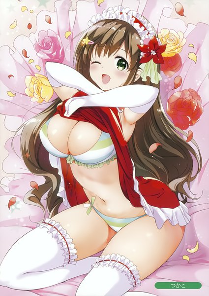 Anime picture 2477x3500 with melonbooks tsukako single long hair tall image looking at viewer blush highres breasts open mouth light erotic brown hair large breasts green eyes cleavage one eye closed wink scan undressing girl