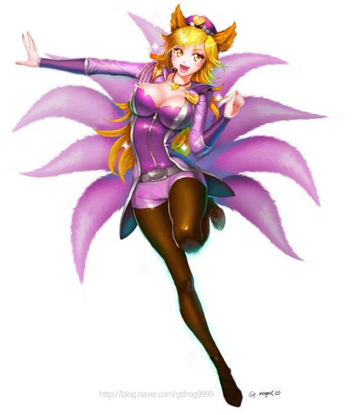 Anime picture 1228x1449 with league of legends ahri (league of legends) popstar ahri (league of legends) gtfrog9999 single long hair tall image looking at viewer highres breasts open mouth light erotic simple background blonde hair smile large breasts white background animal ears yellow eyes cleavage