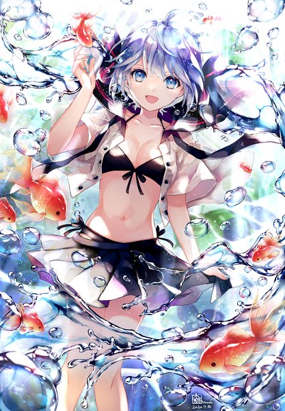 Anime picture 1250x1800 with vocaloid hatsune miku bottle miku hana (mew) single tall image looking at viewer breasts open mouth blue eyes light erotic twintails blue hair very long hair :d pleated skirt open shirt dated underwater swimsuit under clothes