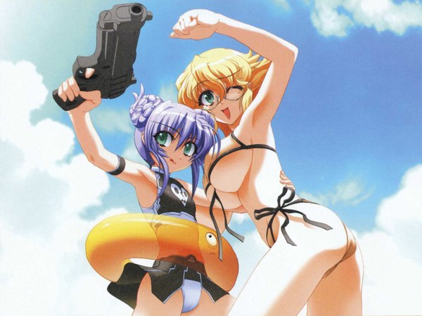 Anime picture 1600x1200 with demonbane al azif leica crusade light erotic swimsuit gun swim ring