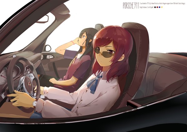 Anime picture 1600x1131 with love live! school idol project sunrise (studio) love live! porsche nishikino maki yazawa nico huanxiang heitu long hair looking at viewer black hair simple background red eyes white background sitting purple eyes multiple girls looking away red hair inscription car interior