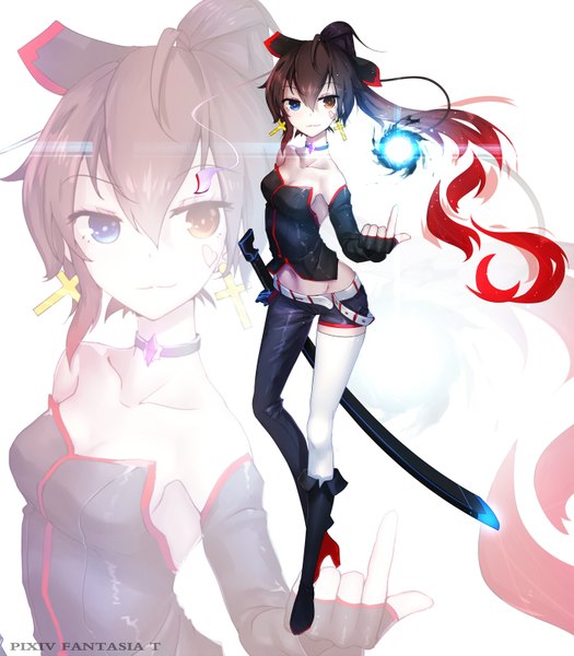 Anime picture 1400x1600 with original pixiv fantasia pixiv fantasia t qian ye (qys3) qys3 single long hair tall image black hair ponytail multicolored hair two-tone hair midriff heterochromia zoom layer girl gloves ribbon (ribbons) weapon hair ribbon
