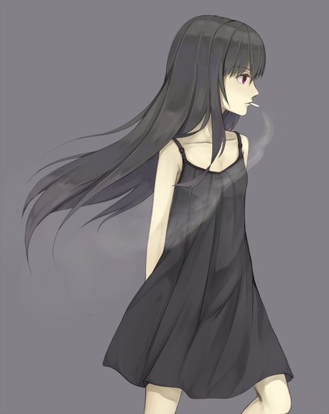 Anime picture 1200x1504 with original somma single long hair tall image black hair red eyes profile smoking girl dress black dress sundress