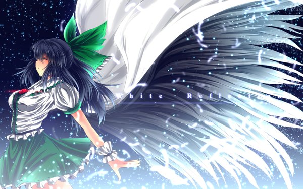 Anime-Bild 1920x1200 mit touhou reiuji utsuho nekominase single long hair blush highres black hair wide image eyes closed profile girl dress bow hair bow wings