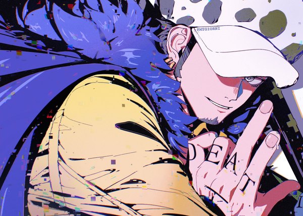 Anime picture 2048x1462 with one piece toei animation trafalgar law mygiorni single looking at viewer highres short hair black hair signed upper body fingernails tattoo twitter username piercing ear piercing hat over eyes boy hat cap
