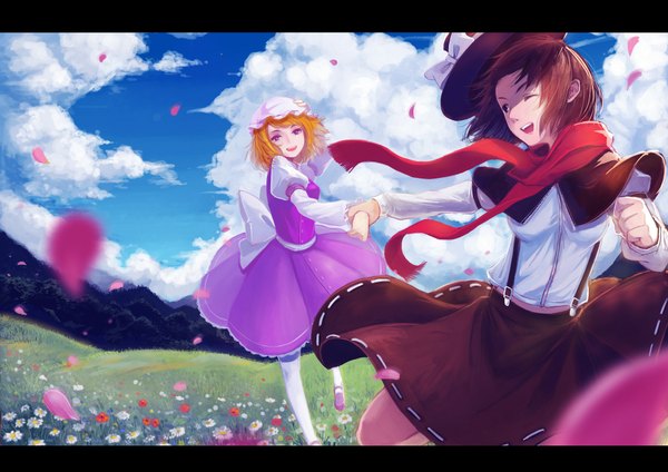 Anime picture 1920x1357 with touhou usami renko maribel hearn sola7764 highres short hair open mouth blonde hair brown hair multiple girls sky cloud (clouds) one eye closed wink holding hands running field girl thighhighs dress