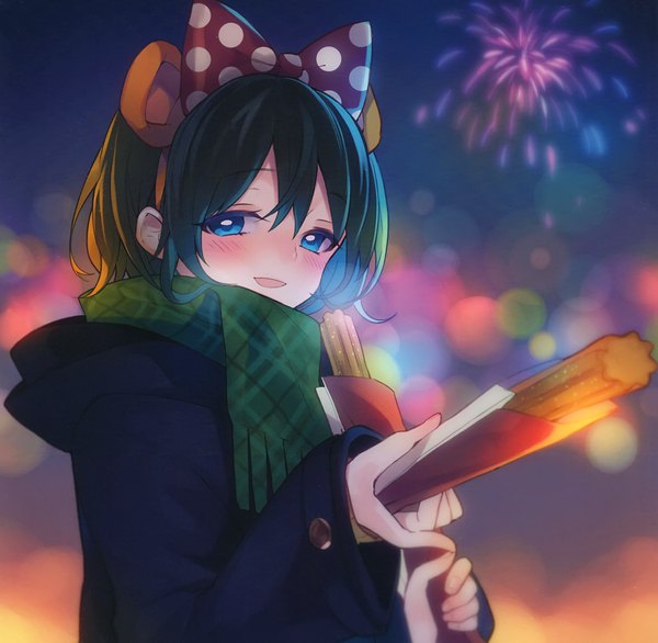 Anime-Bild 2440x2385 mit original usashiro mani single looking at viewer blush fringe highres short hair open mouth blue eyes black hair hair between eyes holding animal ears upper body outdoors night wide sleeves lens flare fake animal ears