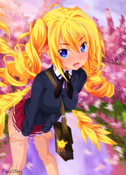 Anime picture 1200x1667 with highschool dxd ravel phenex facu10mag single long hair tall image blush open mouth blue eyes blonde hair smile twintails sky ahoge nail polish pleated skirt coloring cherry blossoms drill hair girl