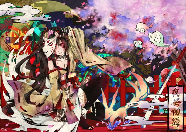 Anime picture 1400x994 with vocaloid vy1 (mizki) tyouya single long hair black hair red eyes sitting looking away nail polish traditional clothes japanese clothes hair flower light smile wind off shoulder ghost mask on head girl hair ornament