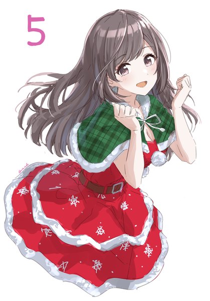 Anime picture 1047x1500 with idolmaster idolmaster shiny colors tsukioka kogane suke (momijigari) single long hair tall image looking at viewer blush fringe open mouth simple background smile brown hair standing white background brown eyes blunt bangs :d arms up