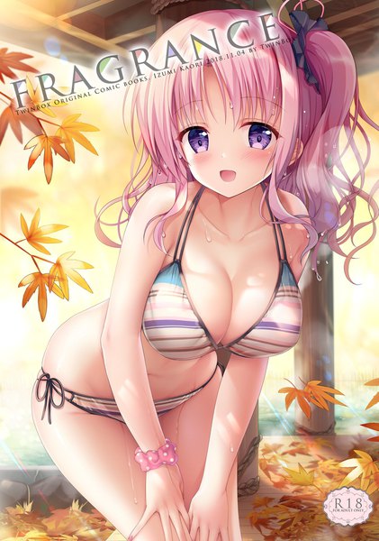 Anime picture 1405x2000 with original izumi kaori (twinbox) sousouman single long hair tall image looking at viewer blush fringe breasts open mouth light erotic smile large breasts standing purple eyes bare shoulders pink hair cleavage outdoors