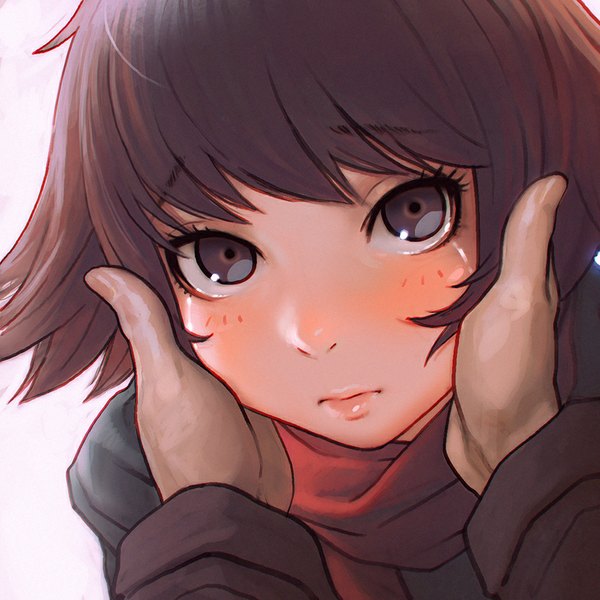 Anime picture 900x900 with yesterday wo utatte nonaka haru ilya kuvshinov looking at viewer blush short hair simple background brown hair white background brown eyes embarrassed face hands on face girl scarf hands