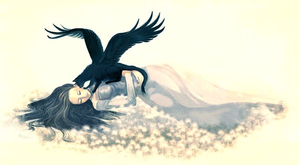 Anime picture 1604x890 with original aohato (artist) long hair black hair wide image lying eyes closed sleeping girl dress wings cat