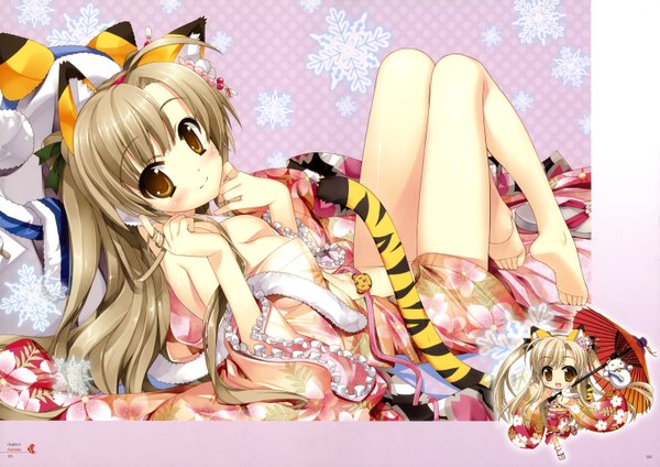 Anime picture 5919x4191 with original fujima takuya single long hair looking at viewer blush highres breasts light erotic brown eyes animal ears absurdres tail traditional clothes japanese clothes animal tail grey hair scan bare legs girl