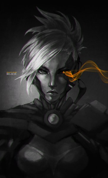 Anime picture 2140x3508 with league of legends riven (league of legends) monori rogue single tall image looking at viewer highres short hair silver hair lips black eyes glowing monochrome glowing eye (eyes) girl clothes