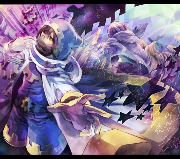 Anime picture 1324x1171 with kirby (series) kirby magolor janis (hainegom) brown hair from behind multiple boys outstretched arm fantasy space personification boy belt scarf star (symbol) hood star (stars) 2 boys cloak gears