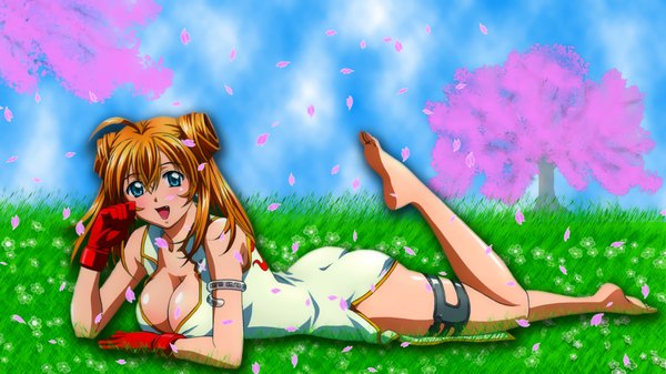 Anime picture 1920x1080 with ikkitousen sonsaku hakufu highres breasts blue eyes light erotic wide image large breasts ahoge barefoot orange hair cherry blossoms chinese clothes gloves chinese dress